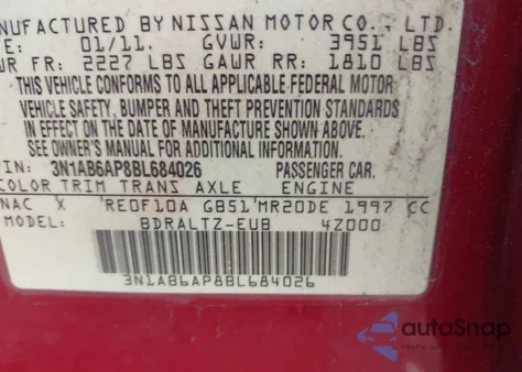 2011 Nissan Sentra 2.0S z USA, uszkodzony, nr VIN 3N1AB6AP8BL684026